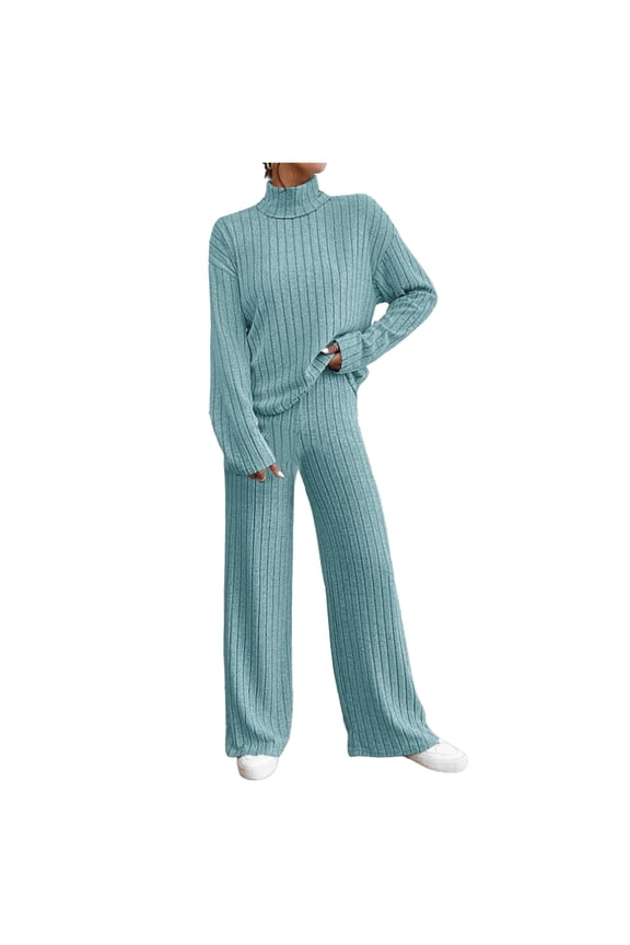 Sweater for Women Matching Sets 2 Piece Turtleneck Long Sleeve Pullover Ribbed Knit Top Fitted Long Pants Set Fall Cold Weather Outfits Trendy(Small,Light Blue)