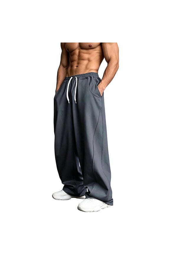 Sweatpants for Man Casual Mens Baggy Pants Elastic High Waist Drawstring Wide Leg Loose Fitted Barrel Track Pant with Pockets(Medium,Dark Gray)
