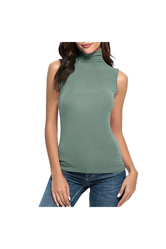 Turtleneck Tops for Women Stretchy Summer Casual Slim Fitting Sleeveless Round Neck Solid Color Tee Shirt Comfy Business Work Blouse Top