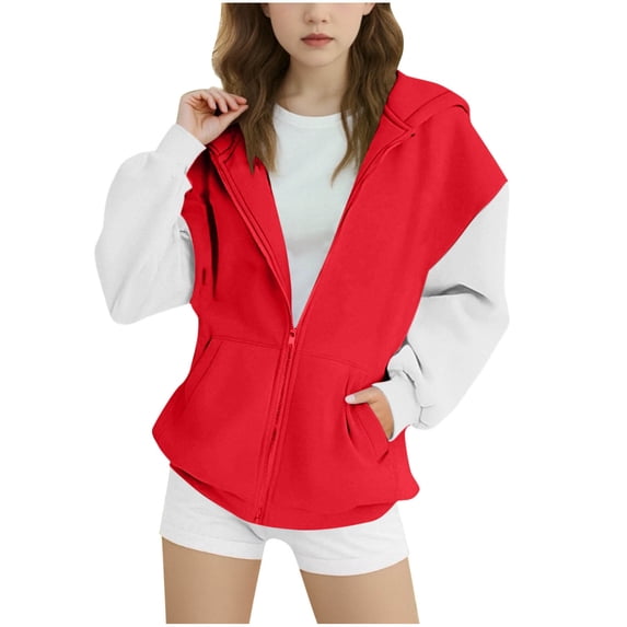 Lyrcatrment Tween Girls Hoodies Color Block Long Sleeve Zip Up Sweatshirt Lightweight Fleece Hooded Loose Casual Sweat Shirt Kids Jackets(Red)