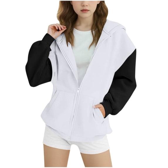 Lyrcatrment Tween Girls Hoodies Color Block Long Sleeve Zip Up Sweatshirt Lightweight Fleece Hooded Loose Casual Sweat Shirt Kids Jackets(White)
