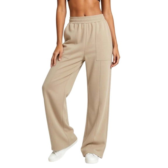 Lyrcatrment Women Fashion Sweatpants Wide Leg Loose Pull on High Waist Pleated Sweat Pants Casual Loungewear Daily Wear Trendy Cute Pants with Pocket(Khaki,XX-Large)