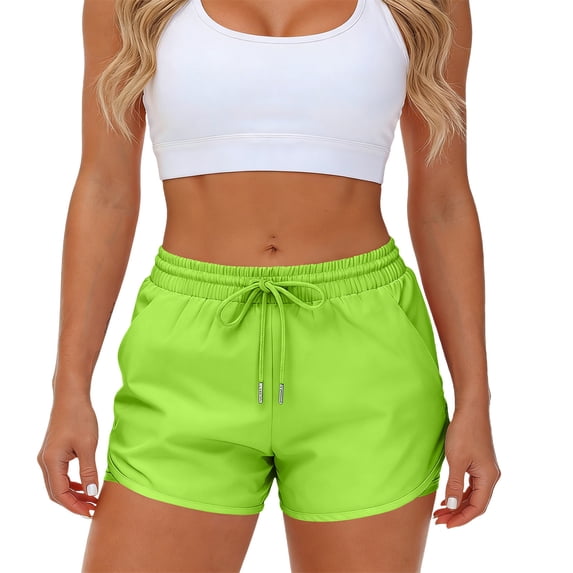 Lyrcatrment Women Gym Shorts Quick-Dry 2 In 1 Elastic High Waisted Drawstring 4 Pockets Summer Casual Lightweight Workout Athletic Short