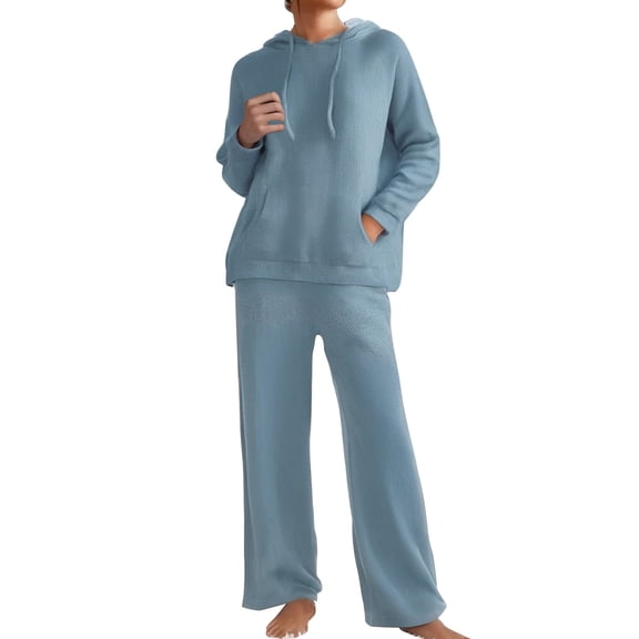 Lyrcatrment Women Knit Sets 2 Piece Casual Outfits Hoodies Long Sleeve Sweatshirt Long Pants Loungewear Fashion Fall Winter Matching Outfit(X-Large,Sky Blue)