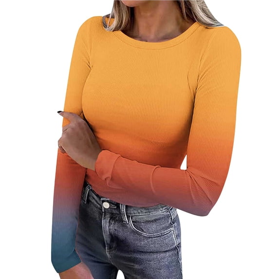 Lyrcatrment Women Long Sleeve Shirts Rib Knit Gradient Color Crewneck Slim Fitted Tops Stretchy Basic Tees Top Fall Casual Underscrubs Layer Clothes Trendy(Small,Orange)
