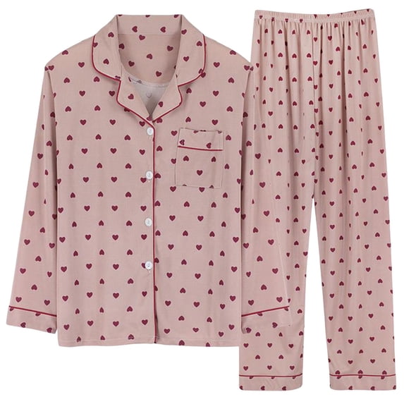 Lyrcatrment Womens 2 Pieces Pajama Printed Heart Set Long Sleeve Button down Front Pockets Long Elastic Waist Pants Casual Loungewear Cute Sleepwear Pjs