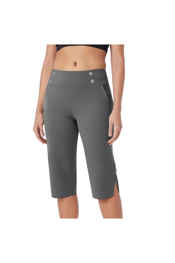 Womens Capri Pants Summer Straight Leg Flat-Front Elastic High-Rise Capris Casual Trendy Cropped Pant with Pockets