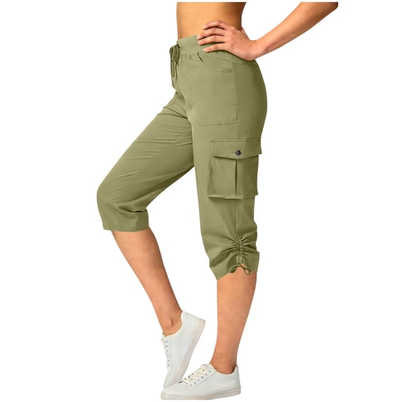 Lyrcatrment Womens Cargo Capri Pants Plus Size Summer Casual Elastic High-Rise Drawstring Regular Fitting Trendy Lightweight Hiking Workout Outdoor Capris Cropped Trousers with Pockets