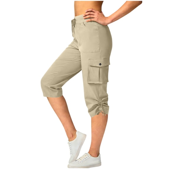 Lyrcatrment Womens Cargo Capri Pants Plus Size Summer Casual Elastic High-Rise Drawstring Regular Fitting Trendy Lightweight Hiking Workout Outdoor Capris Cropped Trousers with Pockets