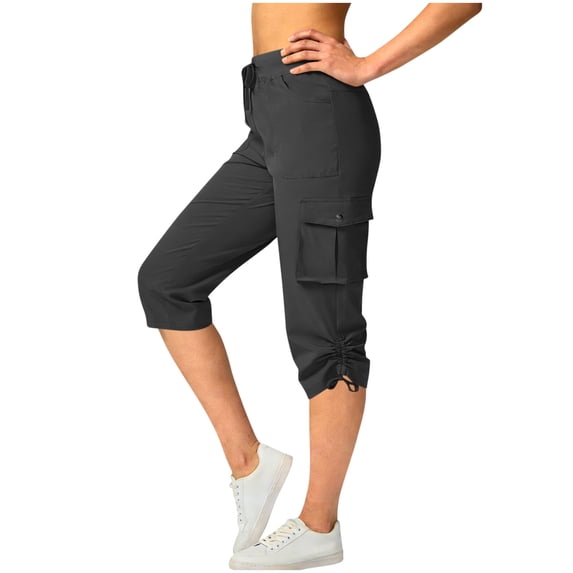 Lyrcatrment Womens Cargo Capri Pants Plus Size Summer Casual Elastic High-Rise Drawstring Regular Fitting Trendy Lightweight Hiking Workout Outdoor Capris Cropped Trousers with Pockets