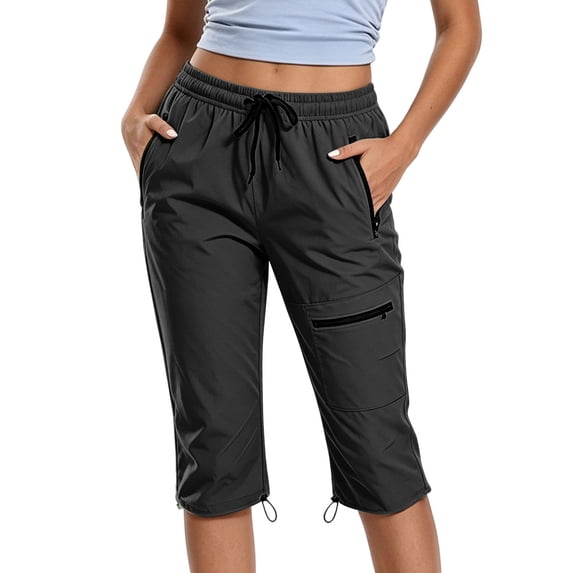 Lyrcatrment Womens Cargo Capris Plus Size Summer Casual Elastic High Waisted Drawstring Regular Fitting Trendy Lightweight Hiking Workout Outdoor Capri Pants Cropped Trousers with Pockets
