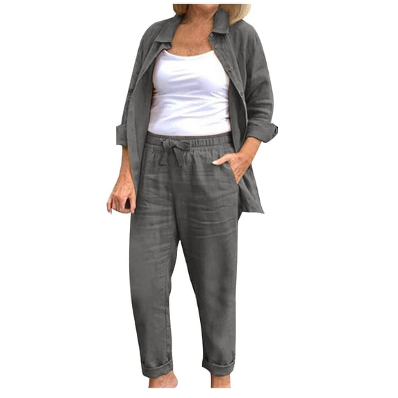 Lyrcatrment Womens Casual Matching Sets Solid Color Collared Button Elastic Drawstring Pants Set with Pockets Fashion Outdoors Travel Outfits(X-Large,Dark Gray)