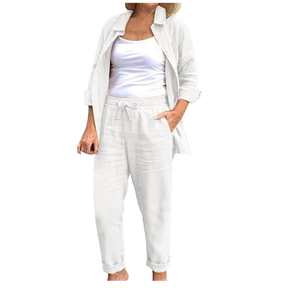 Lyrcatrment Womens Casual Matching Sets Solid Color Collared Button Elastic Drawstring Pants Set with Pockets Fashion Outdoors Travel Outfits(X-Large,White)