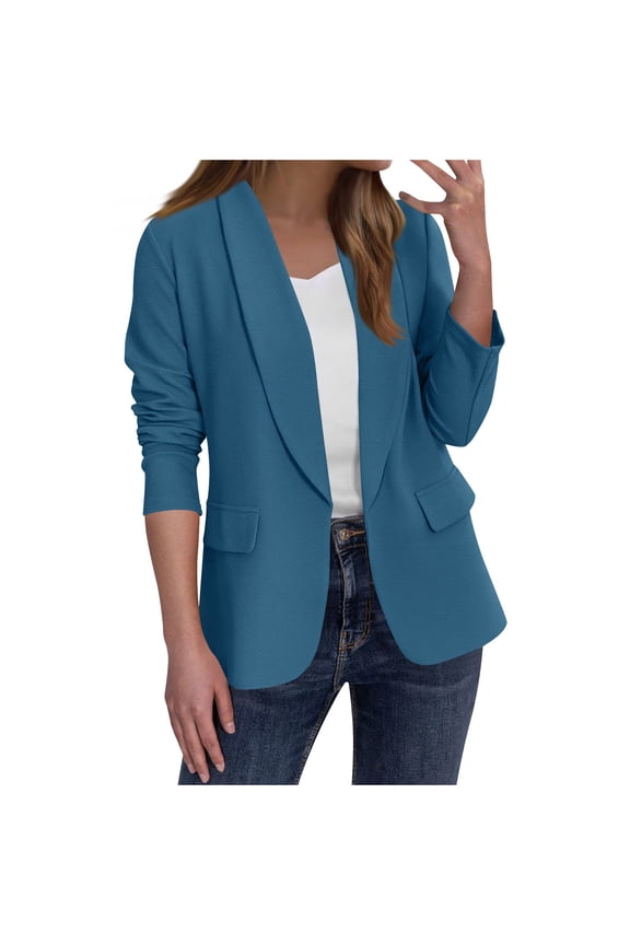 Womens Dress Blouses Long Sleeve Button Lapel Cardigan Coats Solid Color Casual Fashion Work Business Jackets with Pockets