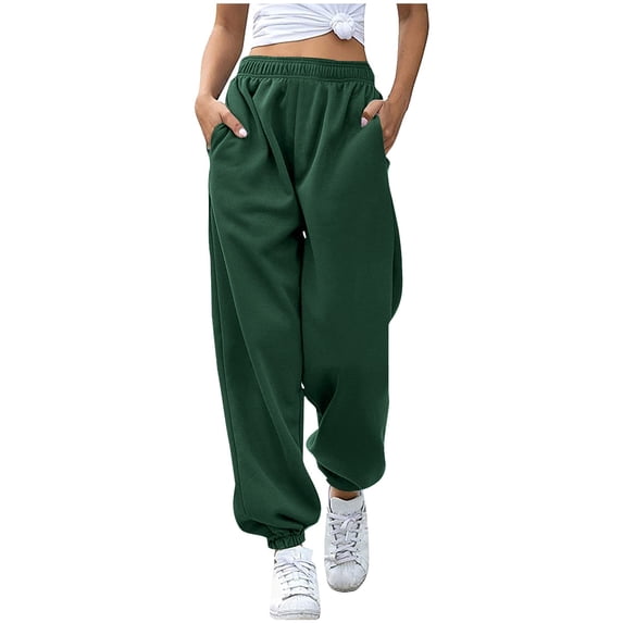 Lyrcatrment Womens Jogger Sweatpants Pull on Elastic Drawstring Trousers Baggy Solid Color Loose Fitted Casual Pants with Pockets Jogging Walking Travel Athleisure Joggers(Large,Army Green)