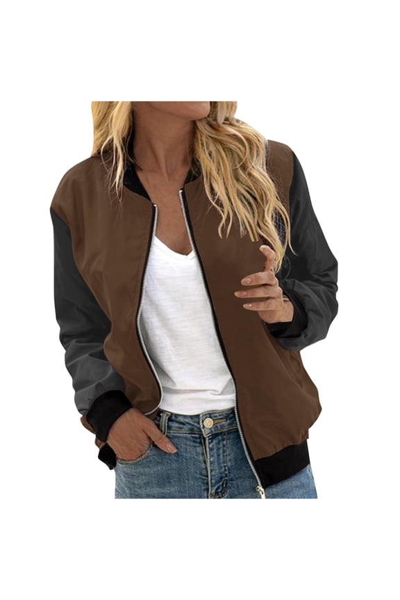 Womens Lightweight Jackets Casual Zip Up Long Sleeve Collarless Jacket Color Block Raglan Coats Trendy Outwear Top(XX-Large,Brown)