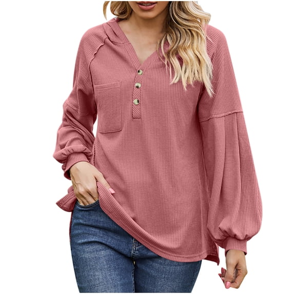 Lyrcatrment Womens Ribbed Hooded Tops V-Neck Loose Casual Solid Color Long Sleeve Pullover Shirt with Pocket Casual Daily Tunic Top(X-Large,Red)