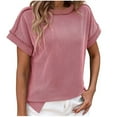 thumbnail image 1 of Lyrcatrment Womens Ribbed Knit Tops Trendy Stripe Blouse Casual Loose Fitted Short Sleeve Round Neck Side Split Hem Summer Spring Top Tees(L,Pink), 1 of 6