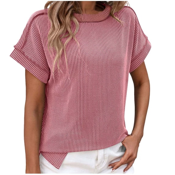 Lyrcatrment Womens Ribbed Knit Tops Trendy Stripe Blouse Casual Loose Fitted Short Sleeve Round Neck Side Split Hem Summer Spring Top Tees(L,Pink)