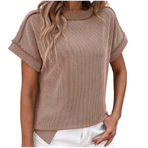Lyrcatrment Womens Ribbed Knit Tops Trendy Stripe Blouse Casual Loose Fitted Short Sleeve Round Neck Side Split Hem Summer Spring Top Tees(M,Khaki)