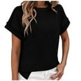 thumbnail image 1 of Lyrcatrment Womens Ribbed Knit Tops Trendy Stripe Blouse Casual Loose Fitted Short Sleeve Round Neck Side Split Hem Summer Spring Top Tees(S), 1 of 6