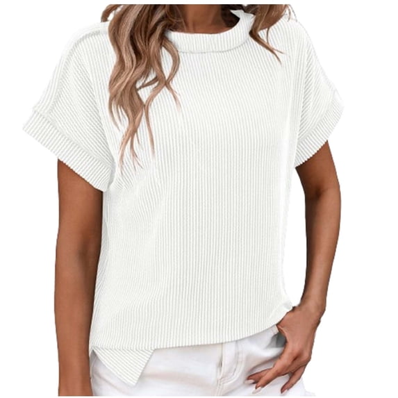 Lyrcatrment Womens Ribbed Knit Tops Trendy Stripe Blouse Casual Loose Fitted Short Sleeve Round Neck Side Split Hem Summer Spring Top Tees(XL,White)