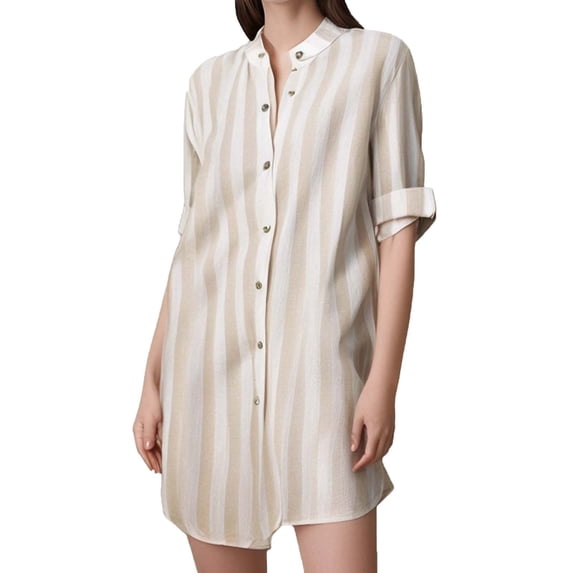 Lyrcatrment Womens Striped Button down Tunic Blouse Cotton Linen Loose Fitted Long Sleeve Shirts V Neck Dress Casual Baggy Trendy Tunics(Khaki,Small)