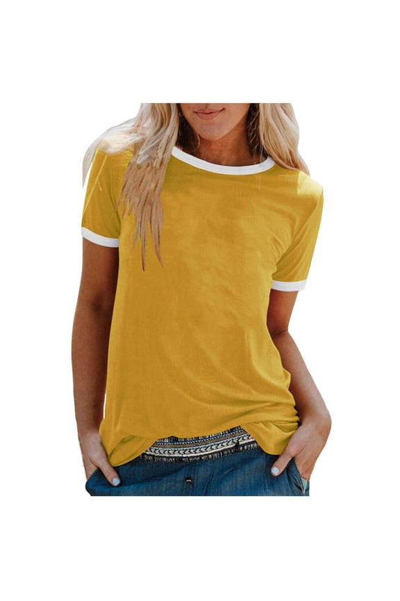 Womens T Shirt Short Sleeve Round Neck Shirts Loose Fitted Color Block Tops Oversized Casual Summer Vintage Fashion Ringer Tee