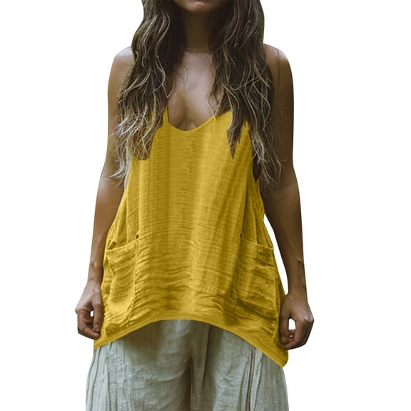 Lyrcatrment Womens Tank Tops Summer Casual Loose Fitting High Low Top Deep V Neck Solid Color Sleeveless Lightweight Vacation Camisole Blouse with Pockets