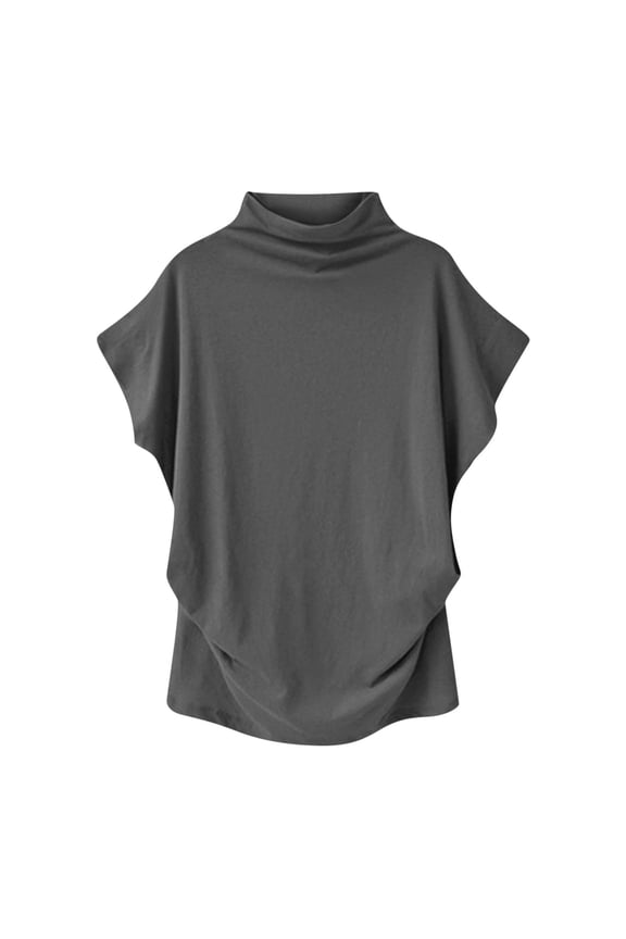 Womens Tops Dressy Casual Fitted Turtleneck Drape Collar Batwing Cap Sleeve Side Ruched Work Office Casual Tees Shirt(L,Dark Gray)
