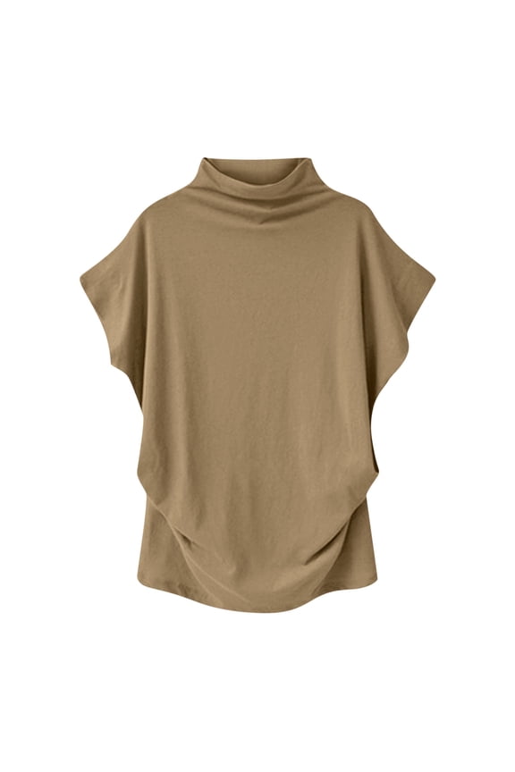Womens Tops Dressy Casual Fitted Turtleneck Drape Collar Batwing Cap Sleeve Side Ruched Work Office Casual Tees Shirt(XXXXXL,Khaki)