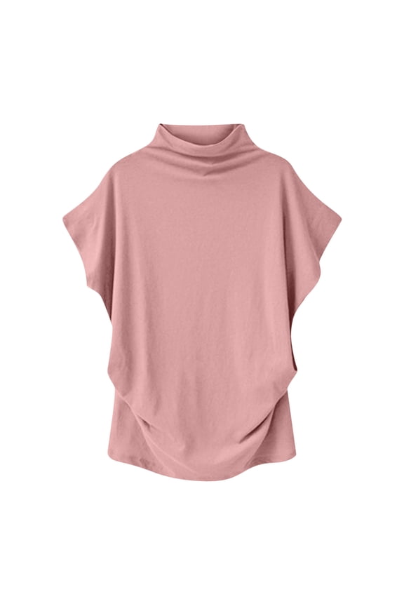 Womens Tops Dressy Casual Fitted Turtleneck Drape Collar Batwing Cap Sleeve Side Ruched Work Office Casual Tees Shirt(XXXXXL,Pink)