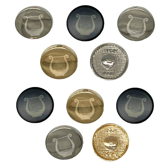 Lyre Harp Musical Instrument Set of 10 Metal 0.6" (15mm) Sewing Shank Round Buttons - Gold Color