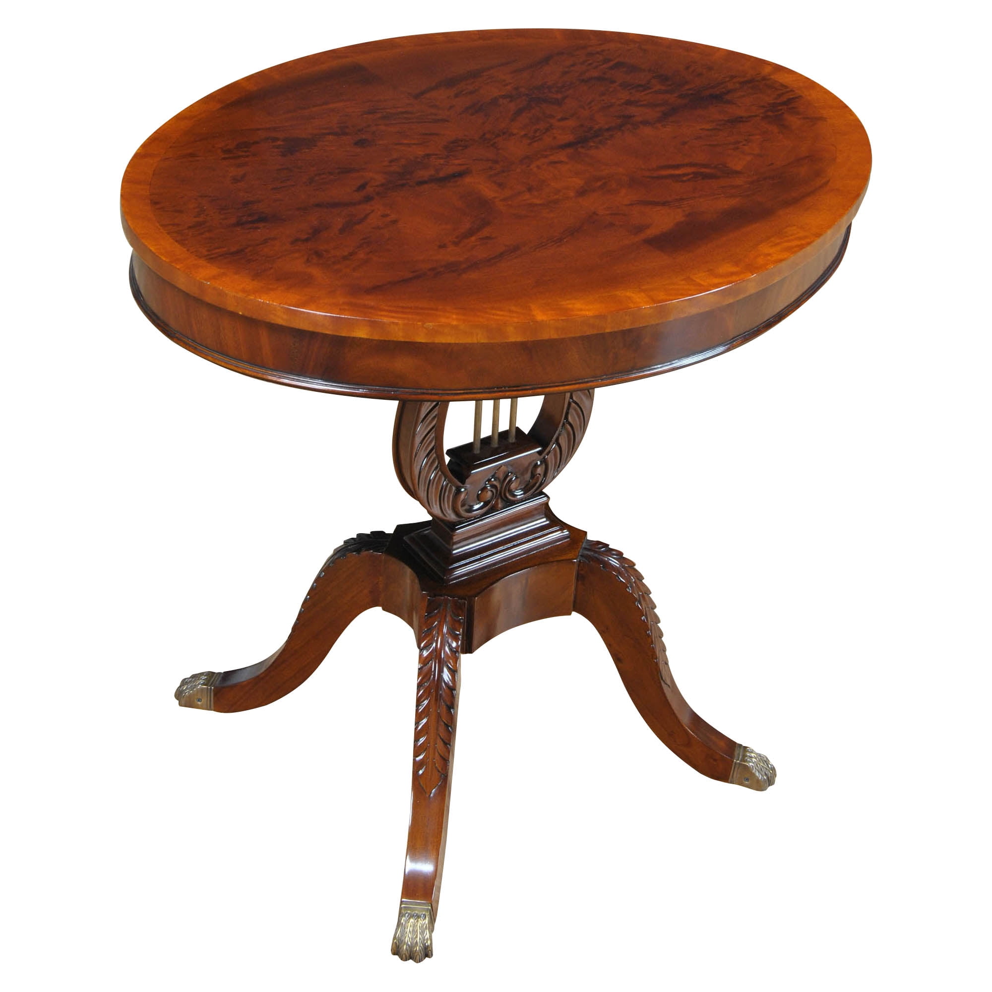 Elegant Lyre-Inspired 30'' Round Mahogany and Brass Table Lamp