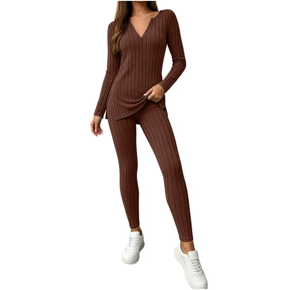 Lyrehush Womens Casual Matching Sets Fitted Leggings Ribbed Knit Stretchy V Neck Tunics Activewear 2 Piece Lounge Set