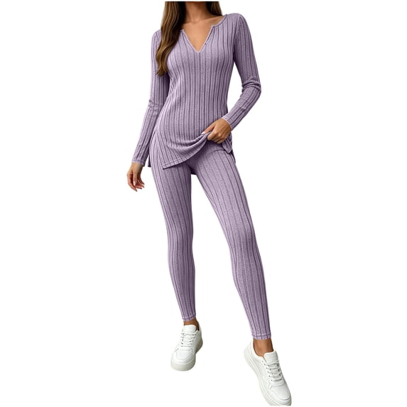 Lyrehush Womens Casual Matching Sets Fitted Leggings Ribbed Knit Stretchy V Neck Tunics Activewear 2 Piece Lounge Set
