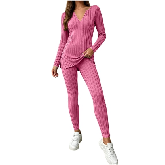 Lyrehush Womens Casual Matching Sets Fitted Leggings Ribbed Knit Stretchy V Neck Tunics Activewear 2 Piece Lounge Set
