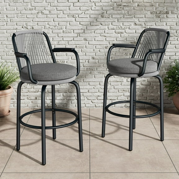Lyric Modern 29" Outdoor Patio Bar Stools, Bar Chairs with Wood Grain Finish Frame with Hand-Woven PE Rattan Rope, Removable Cushions, Black+Gray, Set of 2