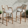 thumbnail image 1 of Lyric Modern 29" Outdoor Patio Bar Stools, Bar Chairs with Wood Grain Finish Frame with Hand-Woven PE Rattan Rope, Removable Cushions, Teak+Beige, Set of 2, 1 of 8