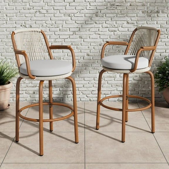 Lyric Modern 29" Outdoor Patio Bar Stools, Bar Chairs with Wood Grain Finish Frame with Hand-Woven PE Rattan Rope, Removable Cushions, Teak+Beige, Set of 2