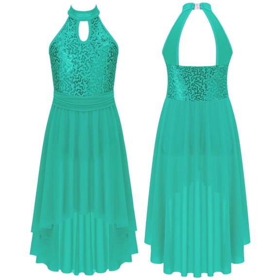 Lyrical Dance Dress For Girls Halter Sequins Tank Leotard Tulle Skirts