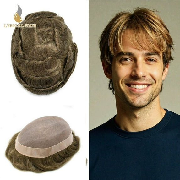 Lyrical Hair Toupee for Men Fine Mono Mens Toupee Human Hair Replacement Systems Monofilament with NPU Hairpiece for Man Black Brown Blonde Gray Hair Wig Unit
