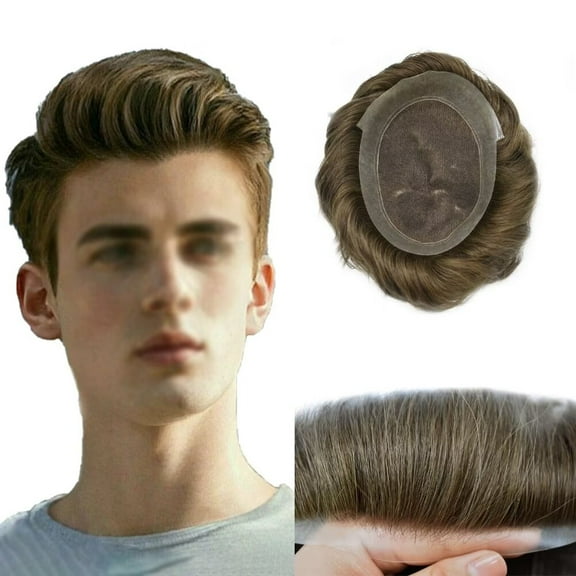 Lyrical Hair Toupee for Men Hairpieces 8"X10" French Lace Mens Toupee Human Hair System PU Around Toupee Hair for Man Hair Piece Units 3# DARK BROWN-120% Density
