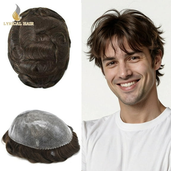 Lyrical Hair Toupee for Men Durable Full PU Mens Toupee Human Hair Replacement System Black Brown Blonde Gray Hairpiece #3 Dark Brown