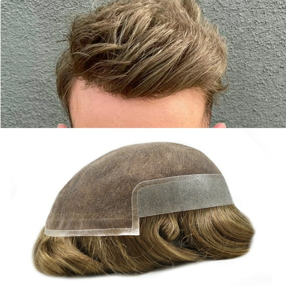 Lyricalhair French Lace Toupee for Men Hairpieces Mens Toupee Human Hair Replacement System Bleached Knots Lace with Poly Hair Wig Units 7"X9" #18 Medium Blonde