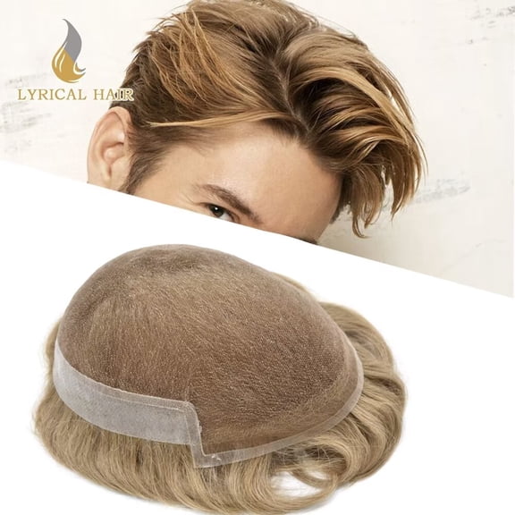 Lyricalhair French Lace Toupee for Men Hairpieces Mens Toupee Human Hair Replacement System Bleached Knots Lace with Poly Hair Wig Units 7"X9" #20 light ash blonde