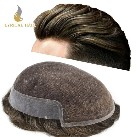 Lyricalhair French Lace Toupee for Men Hairpieces Mens Toupee Human Hair Replacement System Bleached Knots Lace with Poly Hair Wig Units 7"X9" #540 Medium Light Brown with 40% Gray