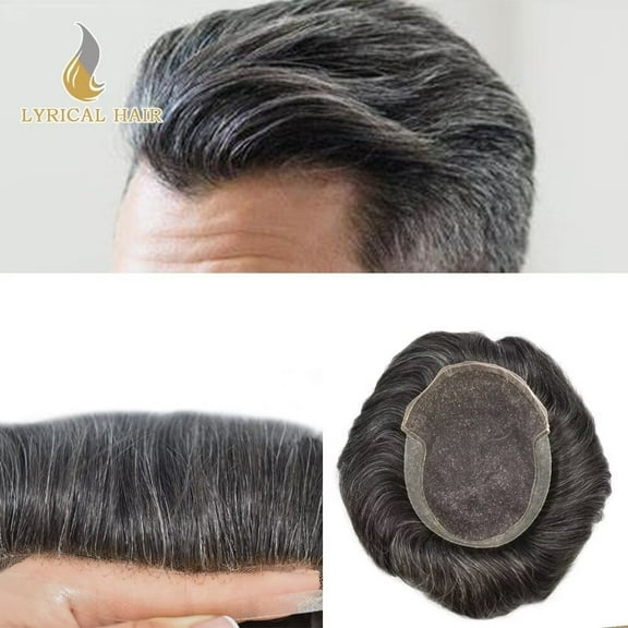 Lyricalhair French Lace Toupee for Men Hairpieces Mens Toupee Human Hair Replacement System Bleached Knots Lace with Poly Hair Wig Units 7"X9" #1B30 Off Black with 30% Gray