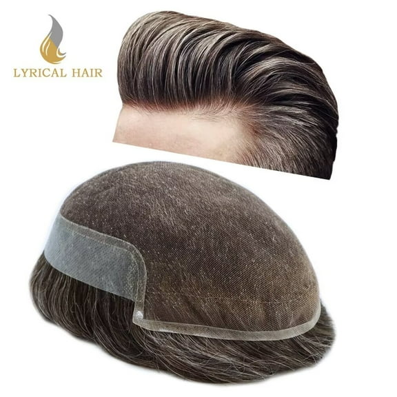 Lyricalhair French Lace Toupee for Men Hairpieces Mens Toupee Human Hair Replacement System Bleached Knots Lace with Poly Hair Wig Units 7"X9" #330 Dark Brown with 30% Gray
