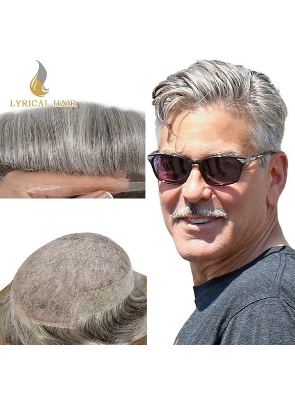 Lyricalhair French Lace Toupee for Men Hairpieces Mens Toupee Human Hair Replacement System Bleached Knots Lace with Poly Hair Wig Units 7"X9" #60RY